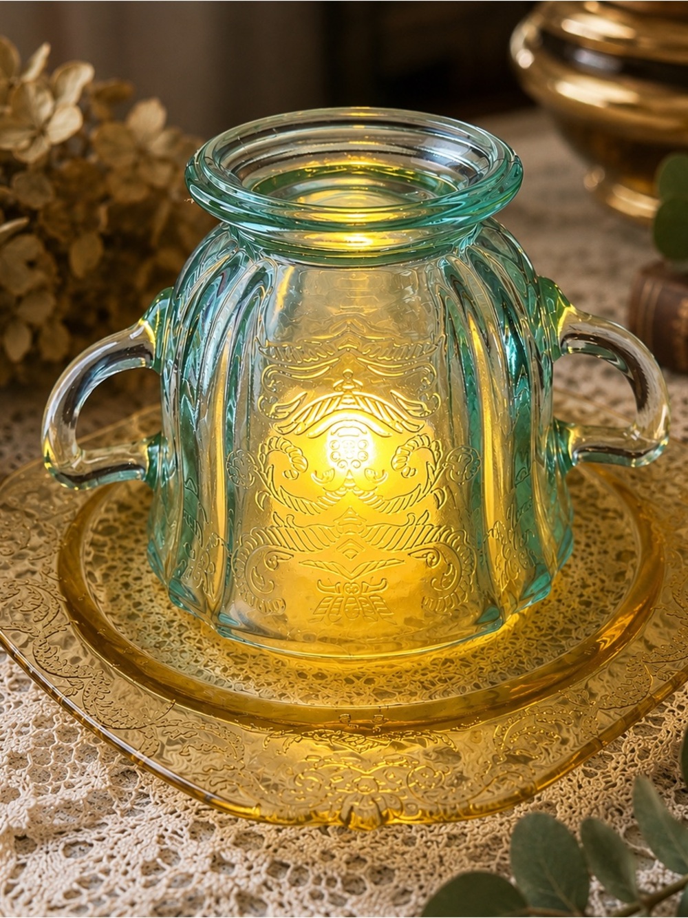 Vintage Depression Glass Teal Sugar Bowl Fairy Lamp on Amber Plate
